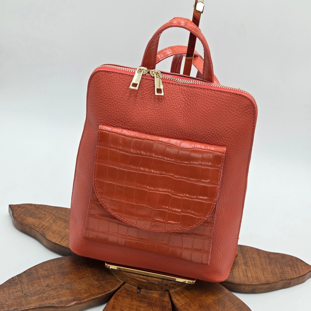 Divina Firenze Small Convertible Backpack Italian Leather Croc Embossed Orange